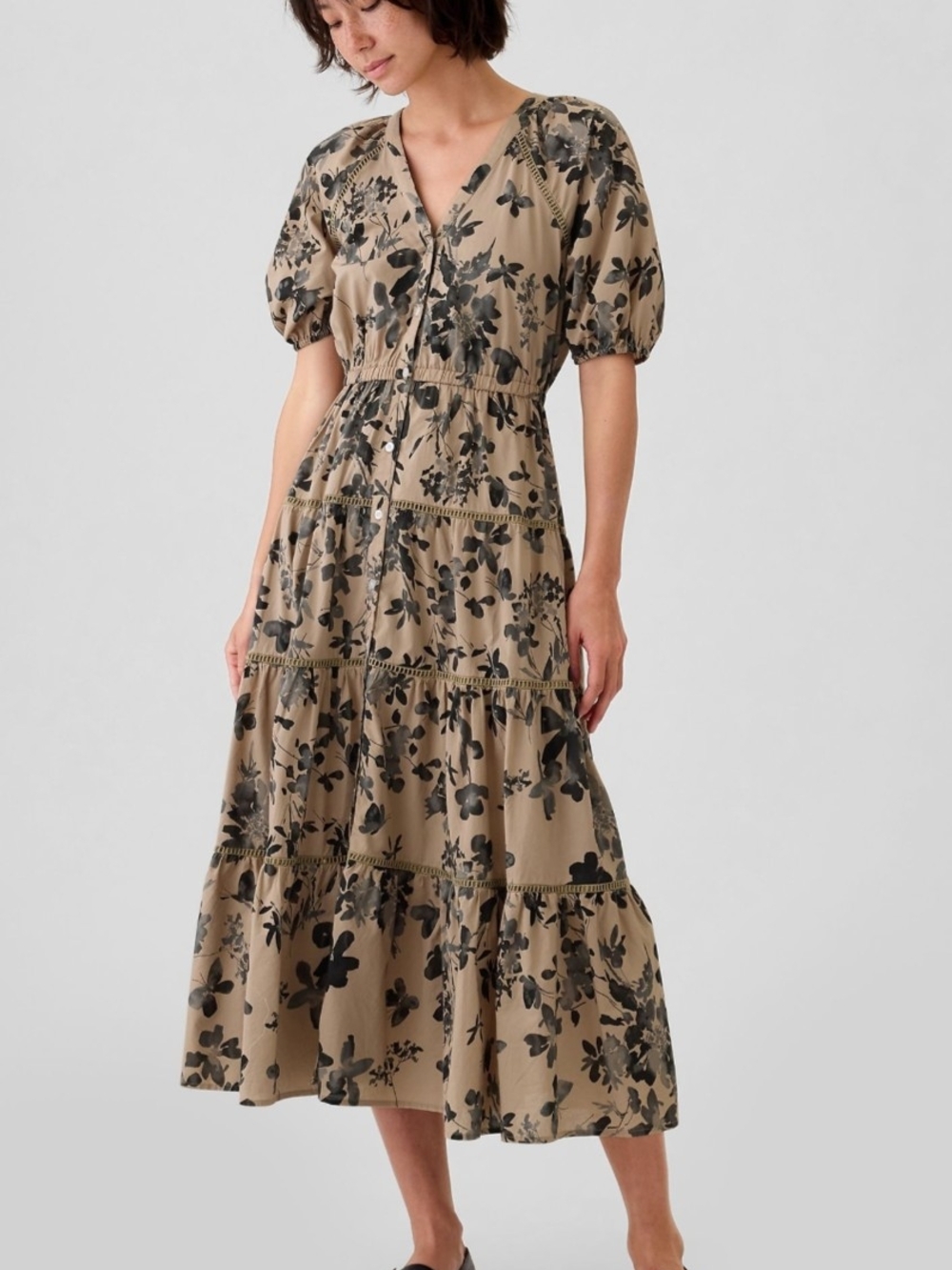 GAP Floral Tiered V-Neck Midi Dress